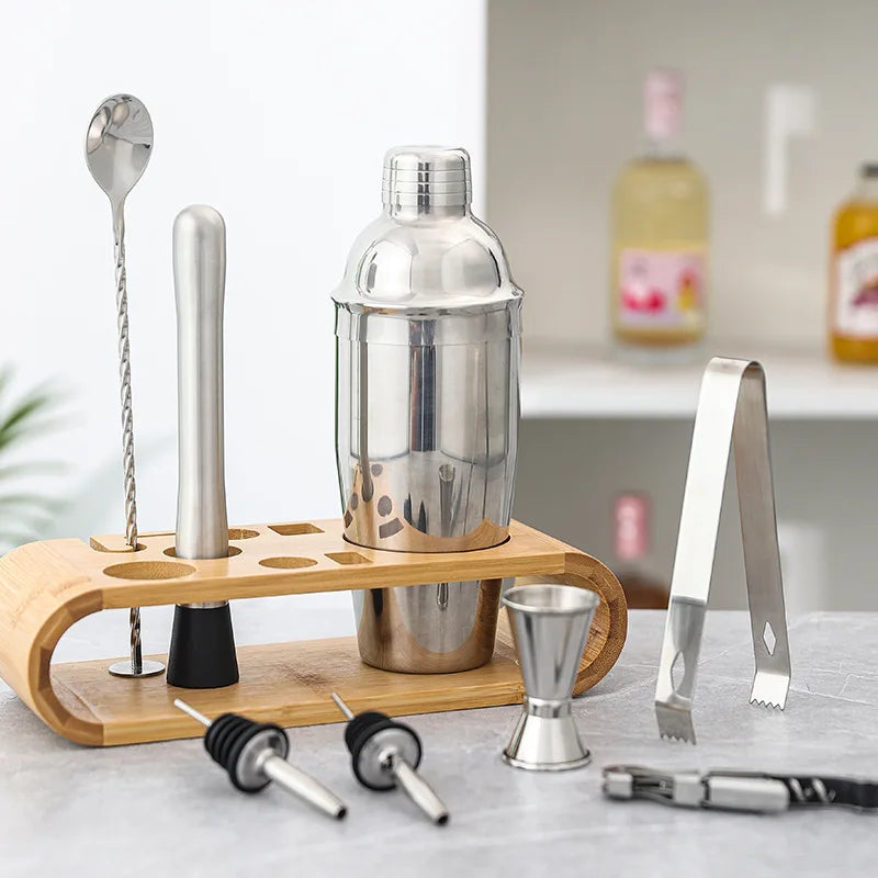 MixologyNest™ – Stainless Steel Cocktail Shaker Set with Bamboo Stand (350ml / 550ml / 750ml)