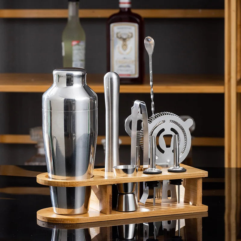 MixologyNest™ – Stainless Steel Cocktail Shaker Set with Bamboo Stand (350ml / 550ml / 750ml)