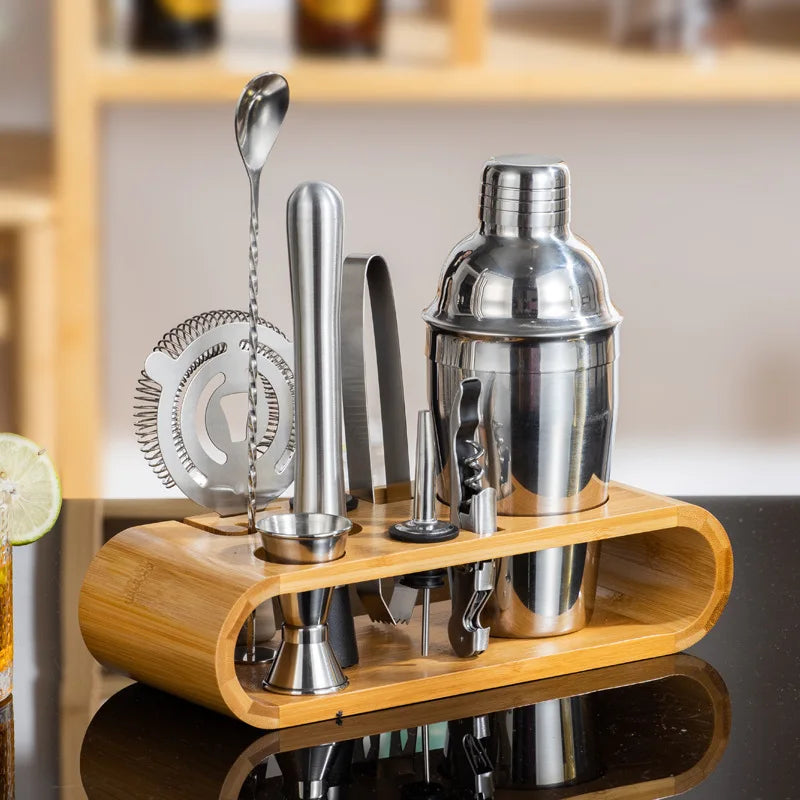 MixologyNest™ – Stainless Steel Cocktail Shaker Set with Bamboo Stand (350ml / 550ml / 750ml)
