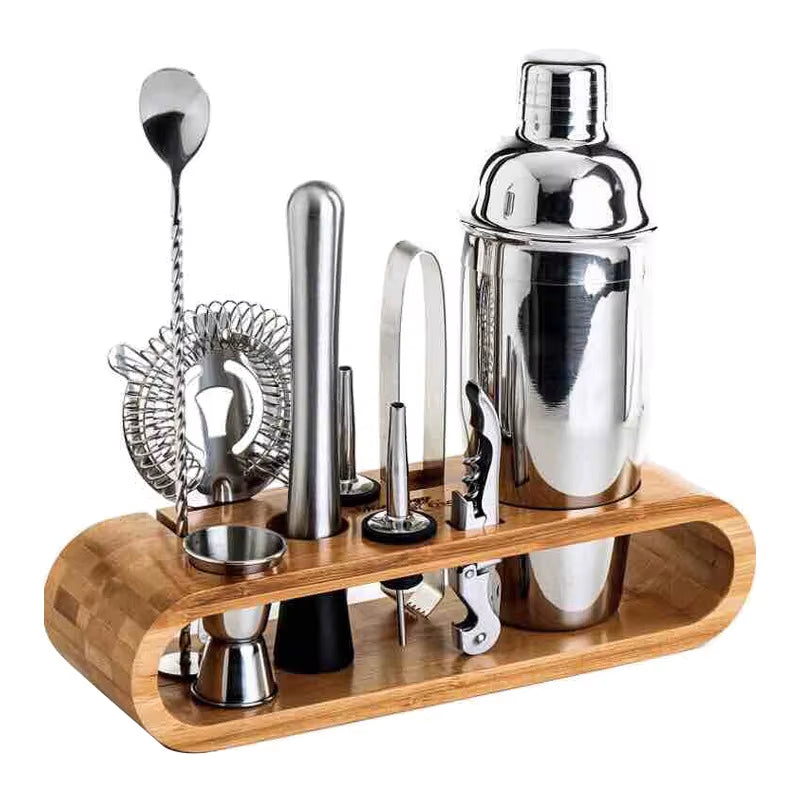 MixologyNest™ – Stainless Steel Cocktail Shaker Set with Bamboo Stand (350ml / 550ml / 750ml)