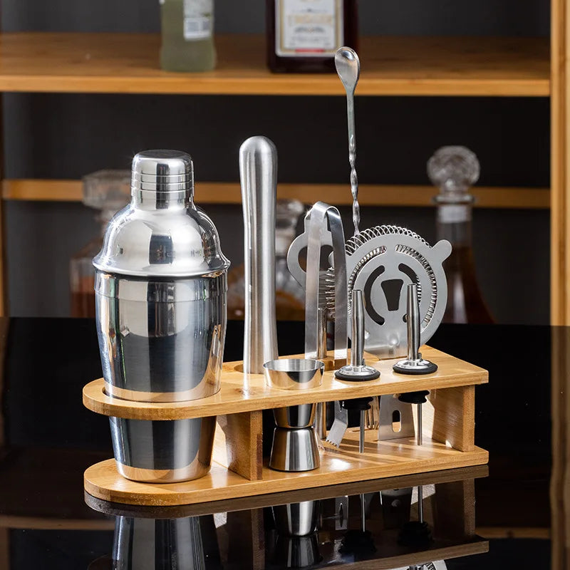 MixologyNest™ – Stainless Steel Cocktail Shaker Set with Bamboo Stand (350ml / 550ml / 750ml)