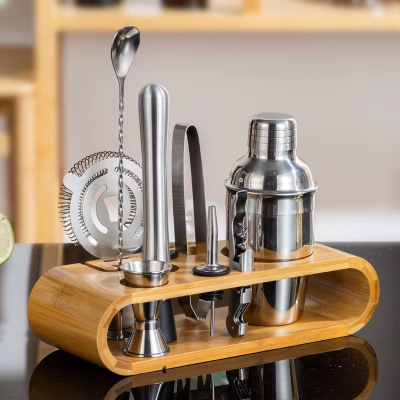 MixologyNest™ – Stainless Steel Cocktail Shaker Set with Bamboo Stand (350ml / 550ml / 750ml)