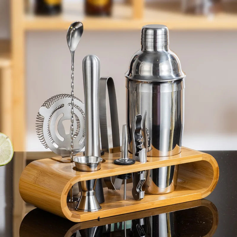 MixologyNest™ – Stainless Steel Cocktail Shaker Set with Bamboo Stand (350ml / 550ml / 750ml)