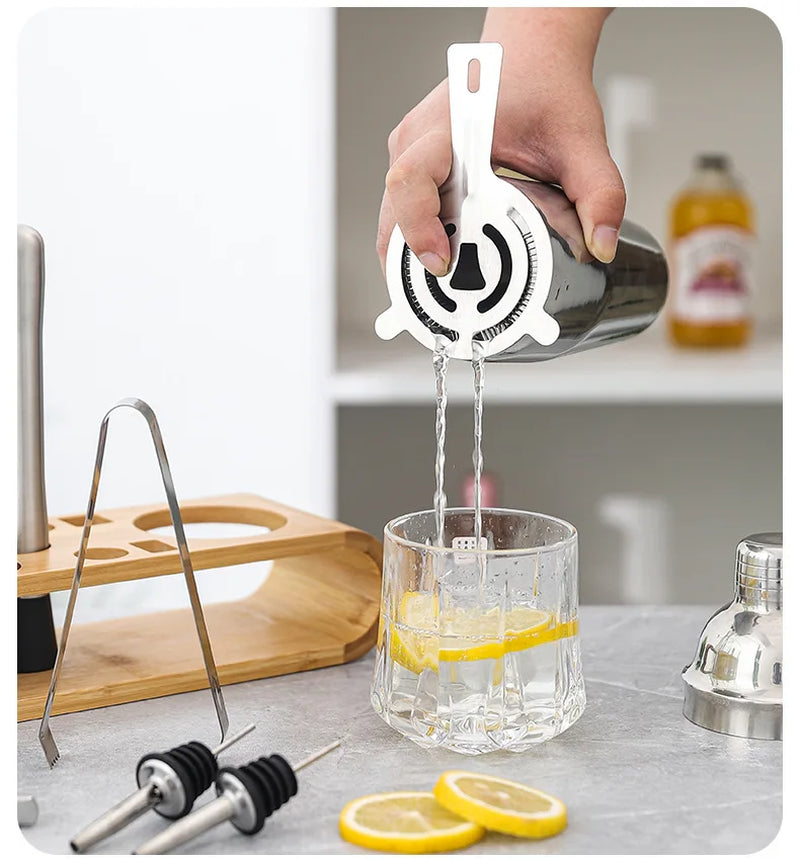 MixologyNest™ – Stainless Steel Cocktail Shaker Set with Bamboo Stand (350ml / 550ml / 750ml)