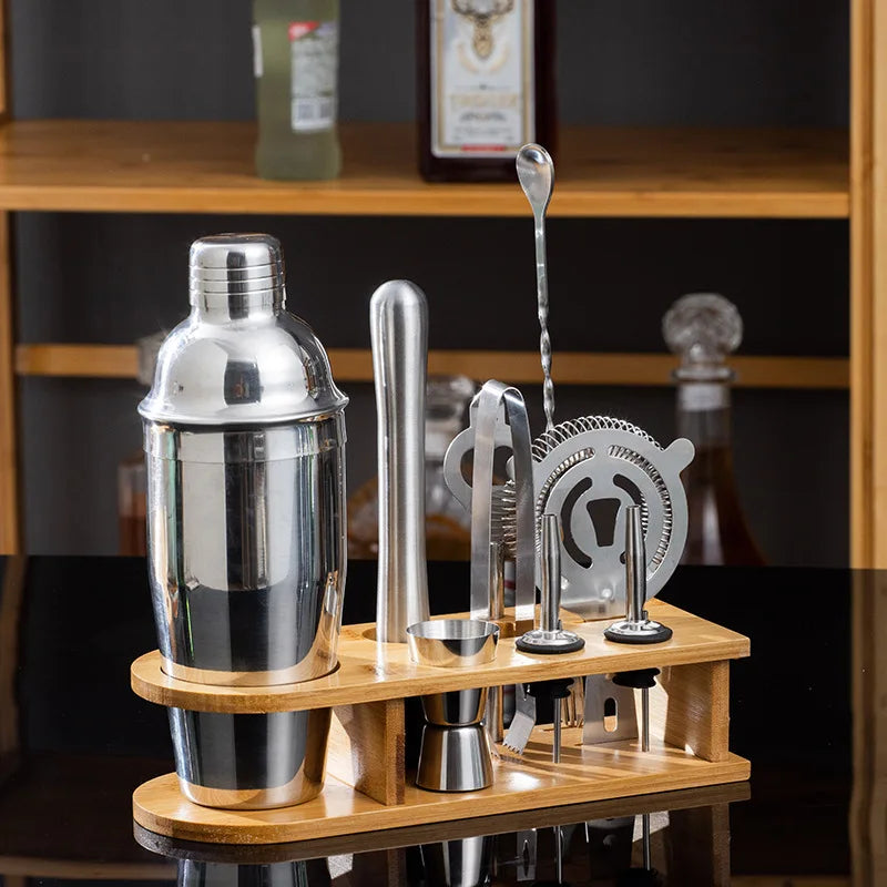 MixologyNest™ – Stainless Steel Cocktail Shaker Set with Bamboo Stand (350ml / 550ml / 750ml)