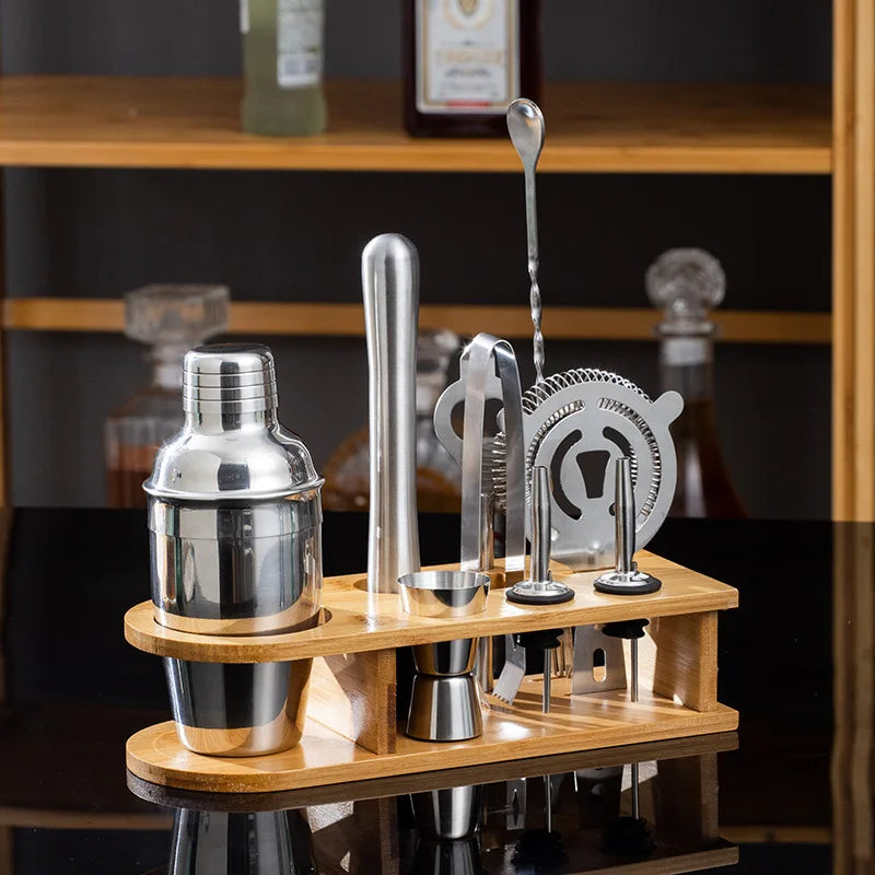 MixologyNest™ – Stainless Steel Cocktail Shaker Set with Bamboo Stand (350ml / 550ml / 750ml)