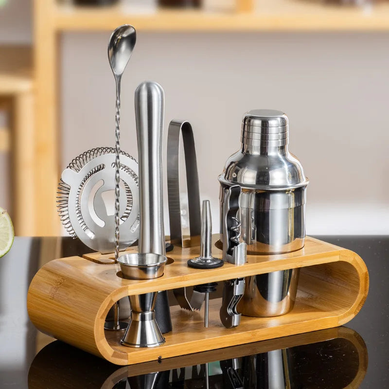 MixologyNest™ – Stainless Steel Cocktail Shaker Set with Bamboo Stand (350ml / 550ml / 750ml)