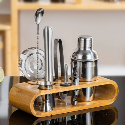 MixologyNest™ – Stainless Steel Cocktail Shaker Set with Bamboo Stand (350ml / 550ml / 750ml)