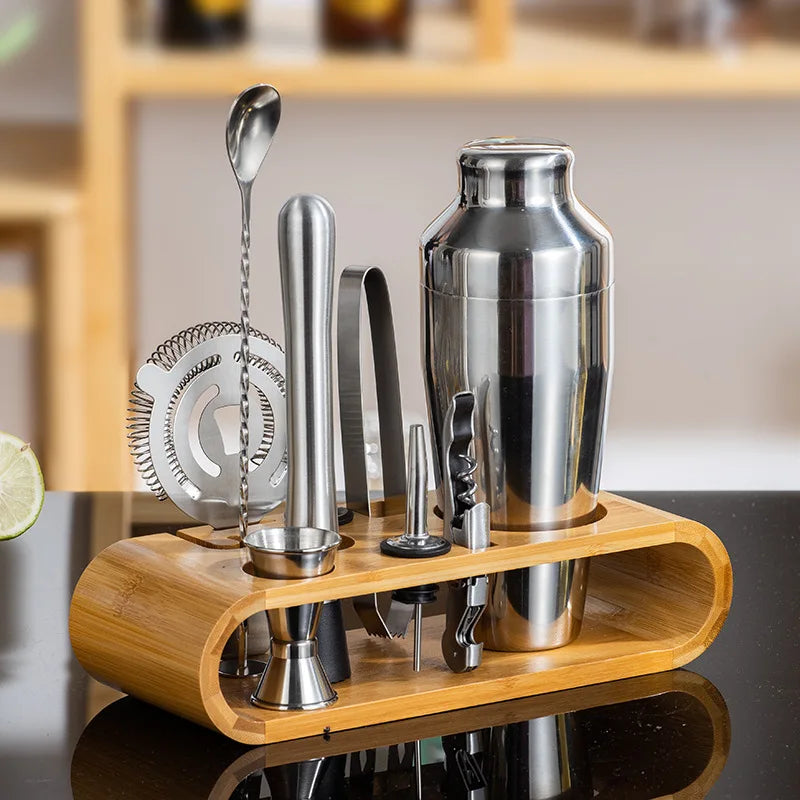 MixologyNest™ – Stainless Steel Cocktail Shaker Set with Bamboo Stand (350ml / 550ml / 750ml)