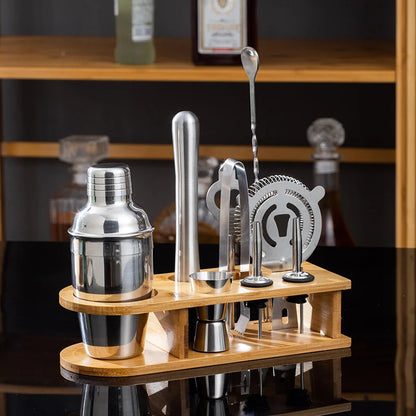 MixologyNest™ – Stainless Steel Cocktail Shaker Set with Bamboo Stand (350ml / 550ml / 750ml)