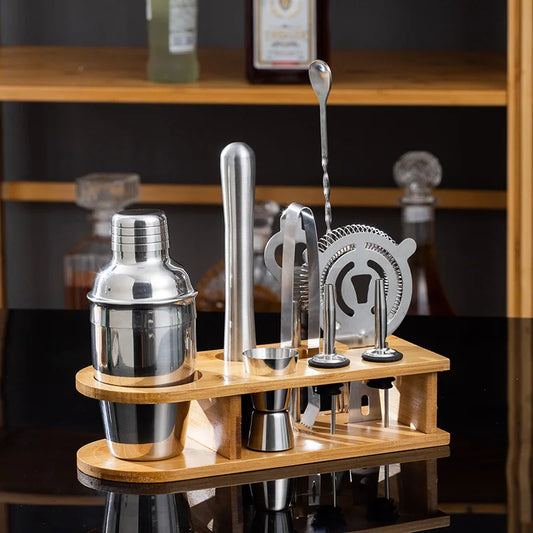 MixologyNest™ – Stainless Steel Cocktail Shaker Set with Bamboo Stand (350ml / 550ml / 750ml)